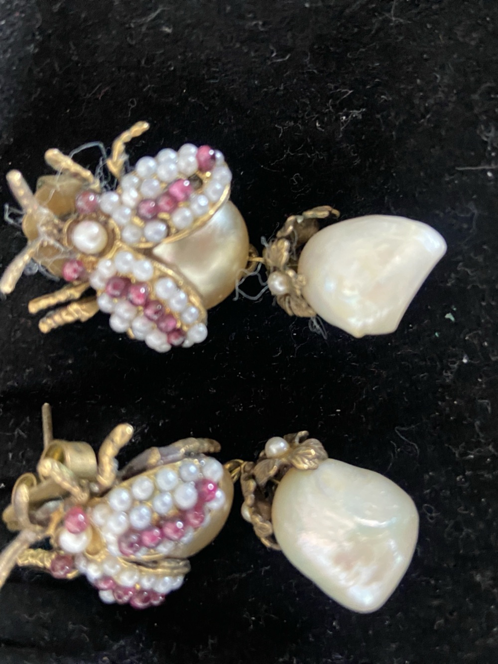 Gold-Tone Pearl & Pink Bead Bug Drop Earrings Vintage Italy